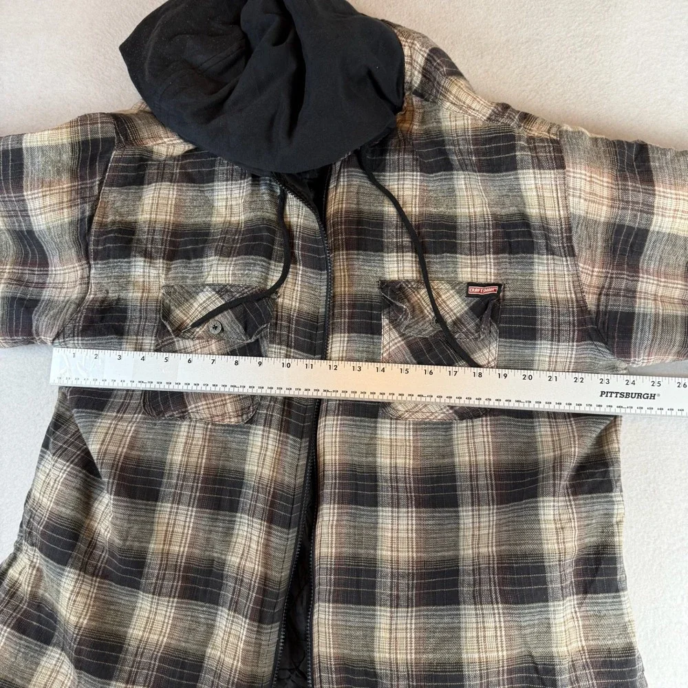 Craftsman Mens XL Hooded Plaid Flannel Jacket Quilted Lined Brown Black Workwear